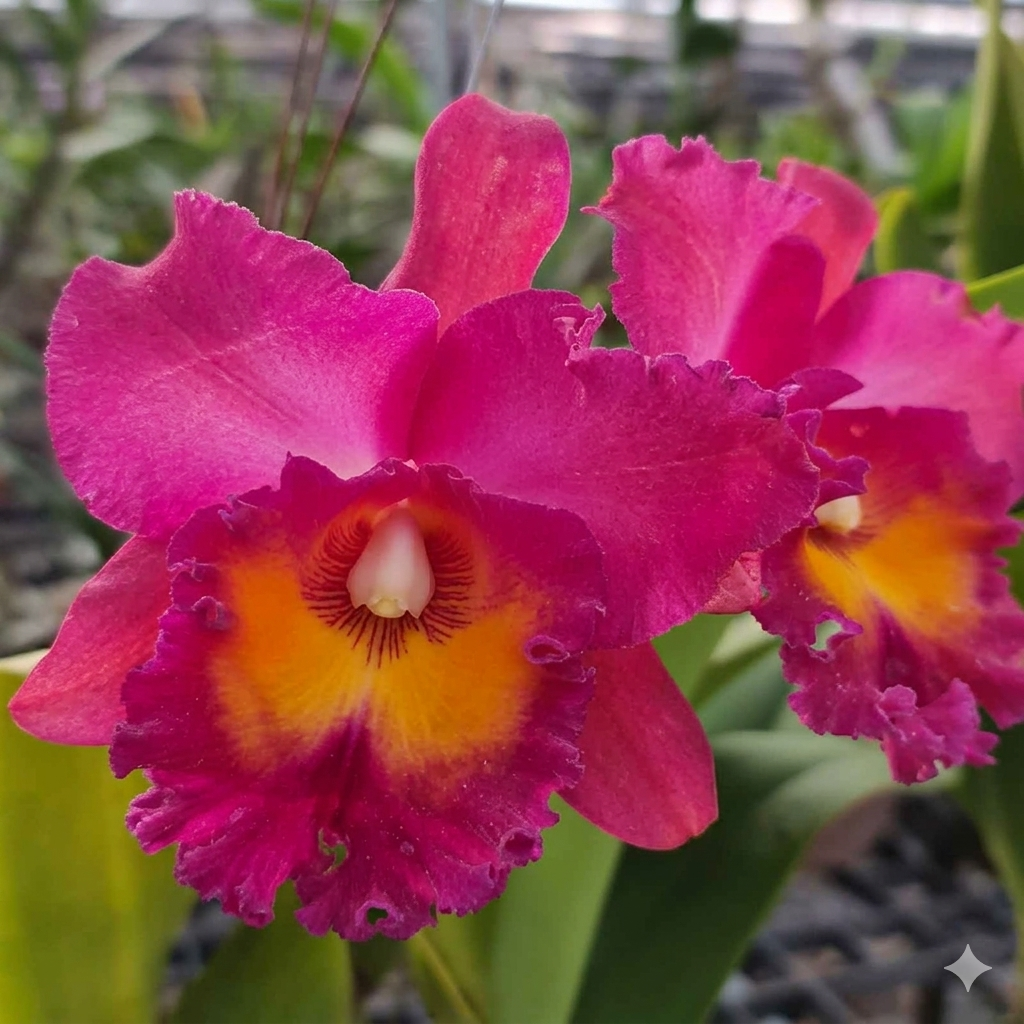 Brassolaeliocattleya Nadia Song × Petch Korat hybrid orchid with vibrant ruffled blooms and striking colourful petals in full bloom.