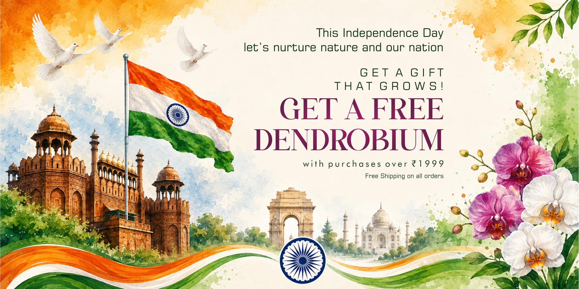 Promotional banner featuring blooming purple and white Dendrobium orchids with a special offer to get a free Dendrobium orchid on purchases over ₹1999 and free shipping across India.