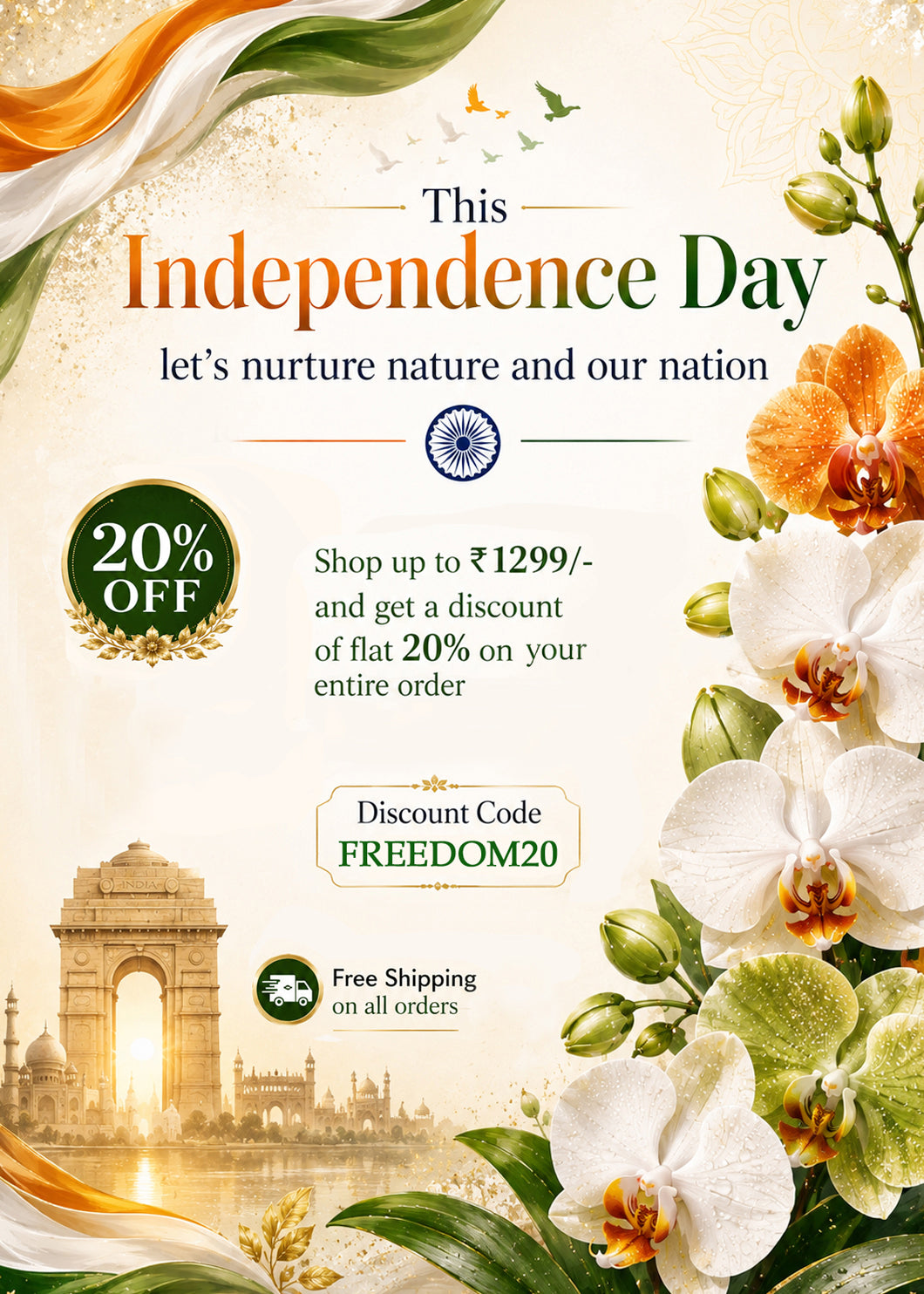 Mobile promotional banner showcasing colorful orchid flowers with a flat 20% discount using code FREEDOM20 and free shipping on all orchid plant orders from Click Orchid