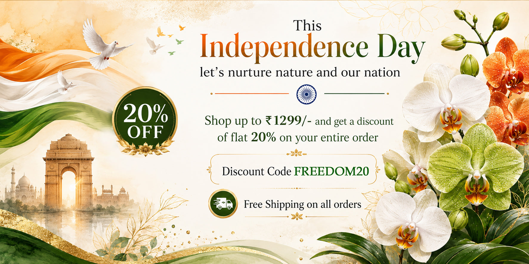 Promotional banner featuring vibrant orange and yellow orchid flowers with a flat 20% discount using code FREEDOM20 and free shipping on all orchid plant orders from Click Orchid.