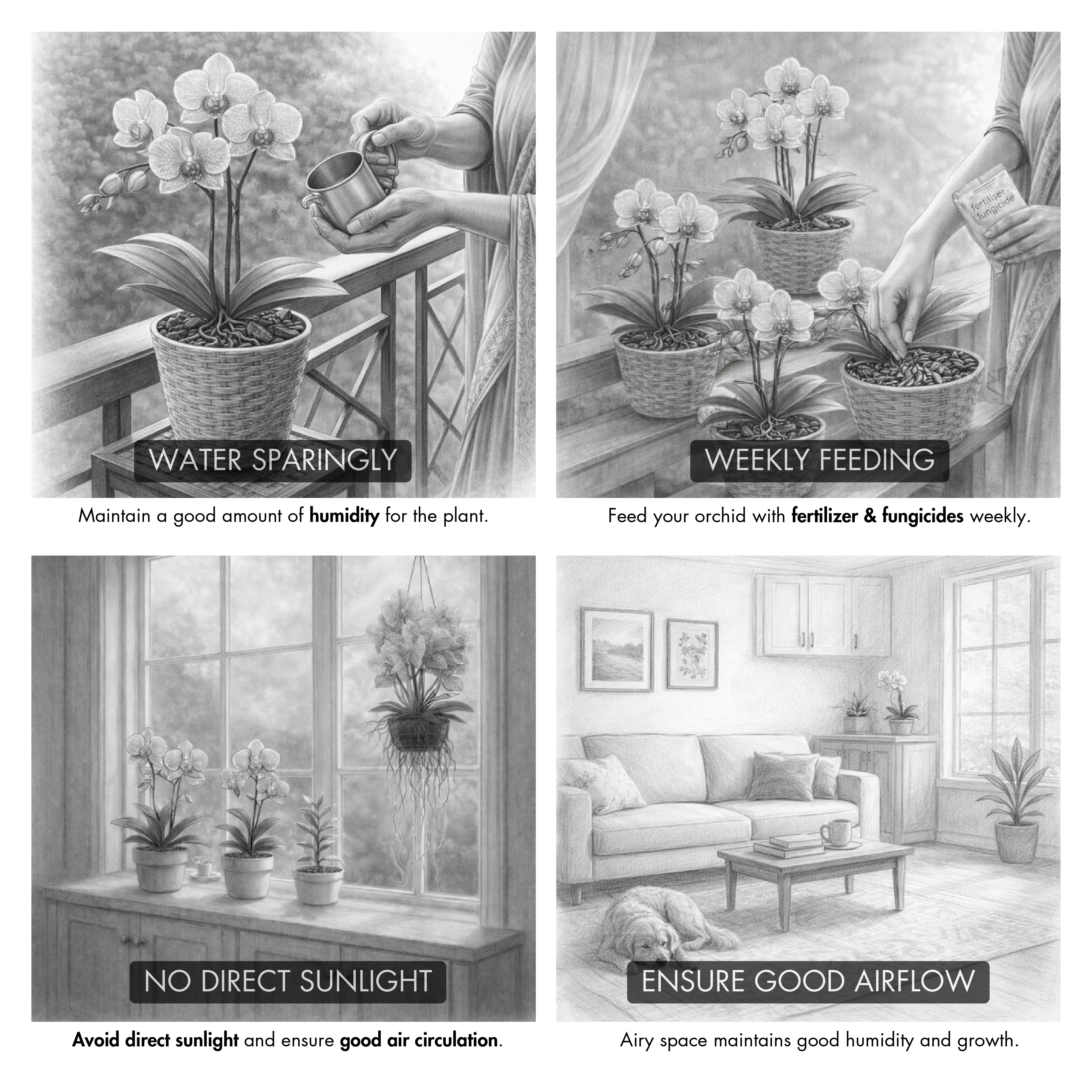Orchid care instruction infographic featuring four essential orchid growing tips including water sparingly, weekly feeding, no direct sunlight, and ensure good airflow, designed for beginner orchid care guidance and healthy orchid plant maintenance in India.