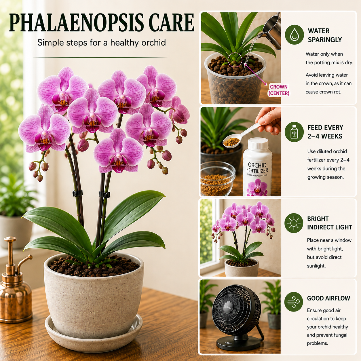 Phalaenopsis orchid care guide highlighting essential tips for growing healthy Phalaenopsis (Moth Orchid), including proper watering, indirect light requirements, humidity control, potting medium, and blooming care for long lasting elegant orchid flowers.