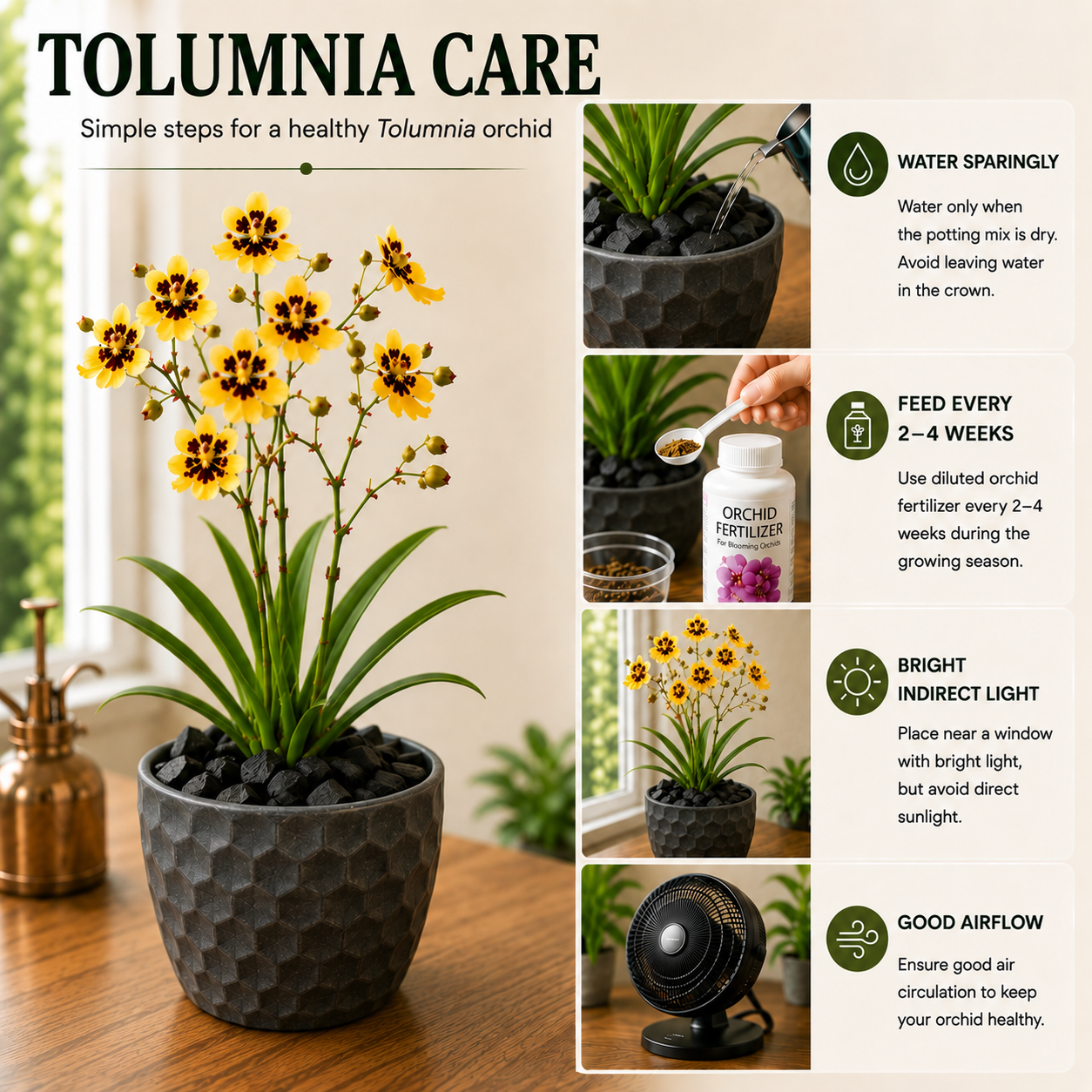 Tolumnia Orchid Care Guide showing essential growing tips, watering, light requirements, humidity, fertilizing schedule, and orchid care instructions for healthy Tolumnia orchid plants.