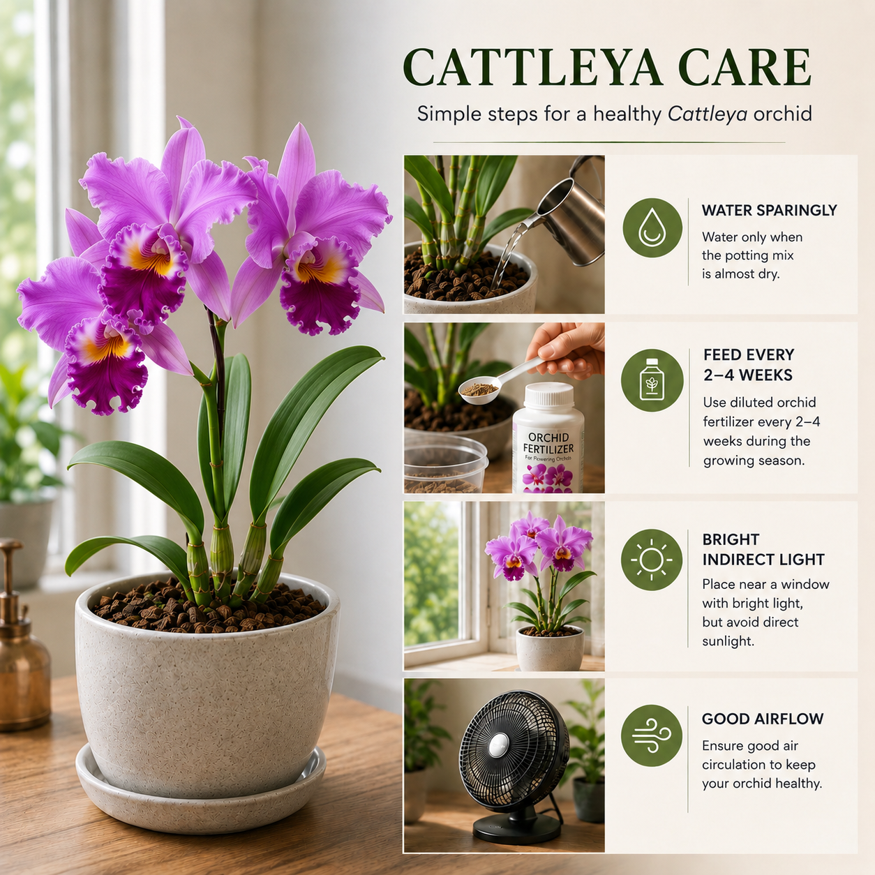 Cattleya orchid care guide showing essential tips for growing healthy Cattleya orchids, including watering, light requirements, potting mix, and blooming care for vibrant and long lasting orchid flowers.