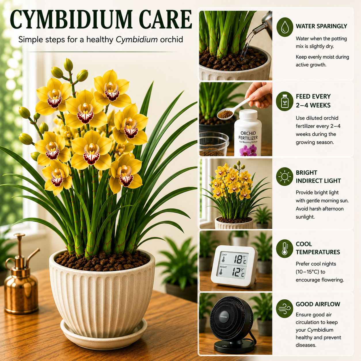 Cymbidium orchid care guide showing healthy Cymbidium orchid plant with long arching flower spikes, vibrant blooms, and detailed growing tips for light, watering, and temperature, ideal for orchid care in India, home gardening, and flowering orchid maintenance.