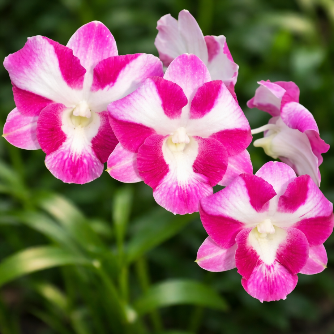 Dendrobium Dragon Smile orchid flower with bright pink and white petals, vibrant dendrobium bloom for indoor plant decor and orchid lovers