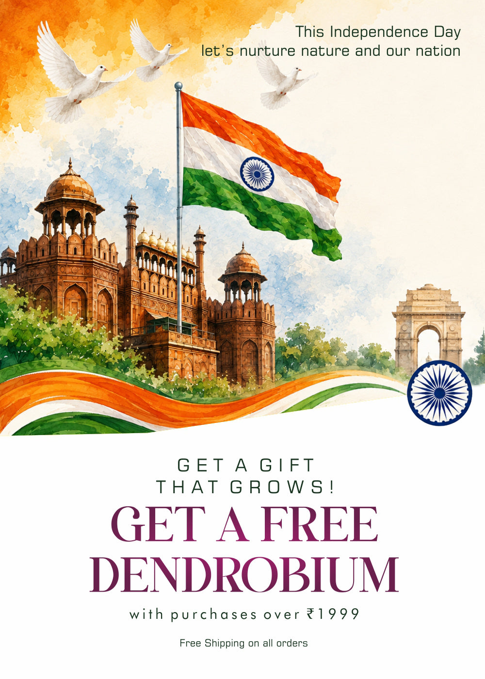 Promotional banner featuring blooming purple and white Dendrobium orchids with a special offer to get a free Dendrobium orchid on purchases over ₹1999 and free shipping across India.