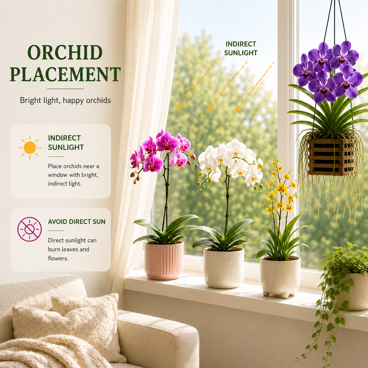 Orchid placement guide showing Phalaenopsis and Vanda orchid plants near a bright window with indirect sunlight, demonstrating the ideal indoor orchid care, proper orchid lighting, and best growing conditions for healthy growth and long lasting blooms