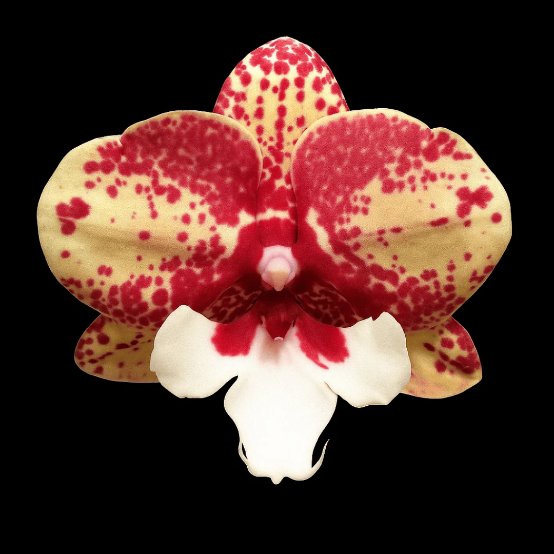 Orchid flower with red and white pattern on a black background