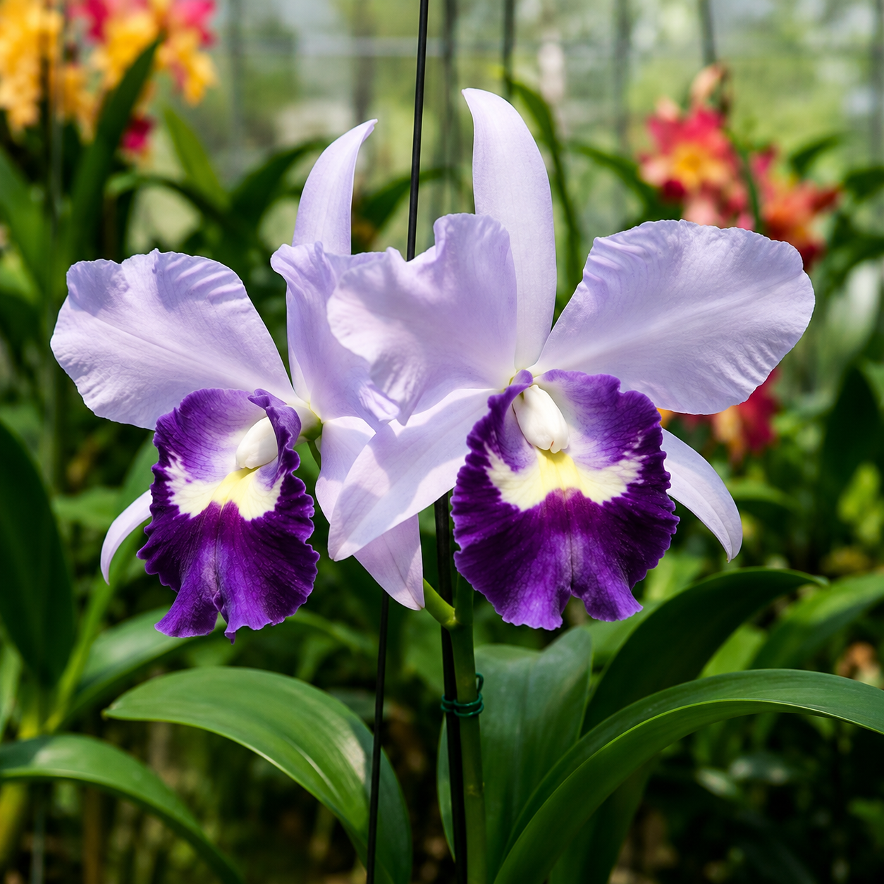 Rlc. Boy's Glotto orchid flower featuring large vibrant blooms with broad petals and an elegant ruffled lip. Beautiful pale lavender flowers with broad petals, a velvety deep purple lip, and a creamy yellow throat, creating an elegant and eye-catching floral display.

