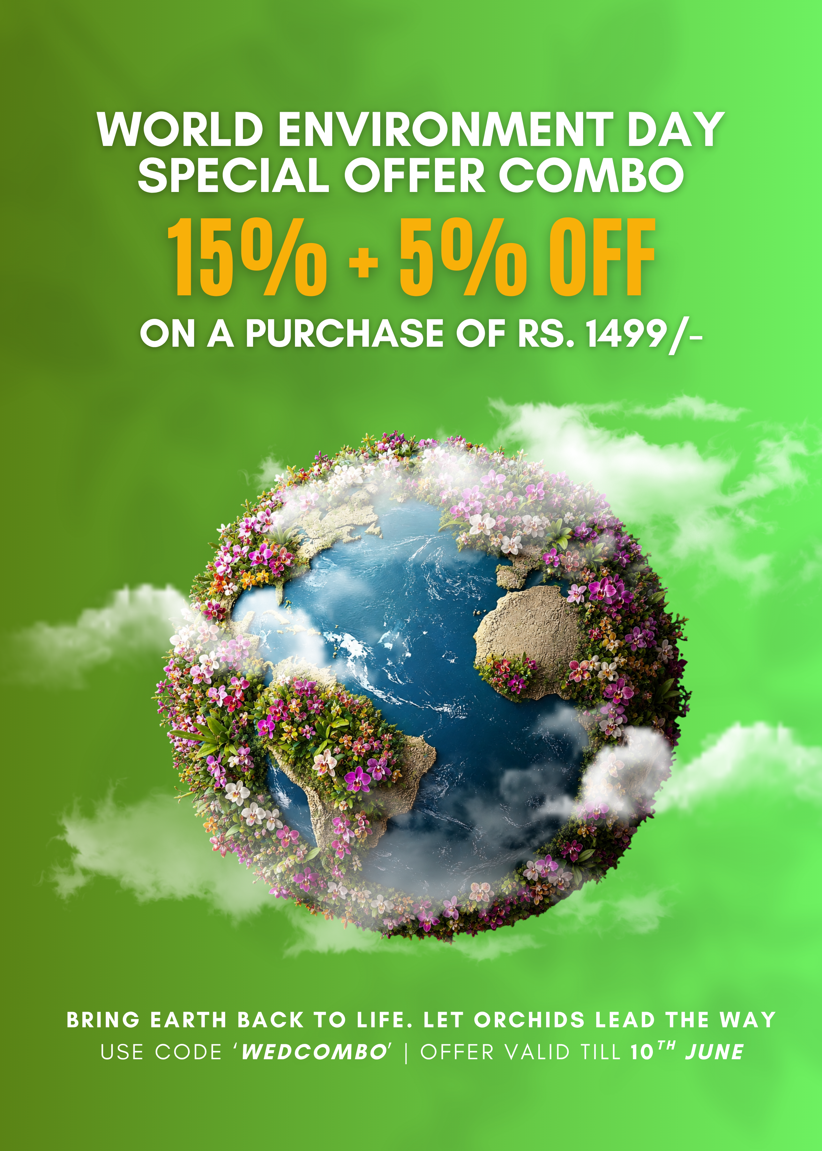 Celebrate World Environment Day with vibrant orchids blooming amidst greenery, highlighting eco-friendly gardening, biodiversity, and the beauty of orchid cultivation in India with Click Orchid.
